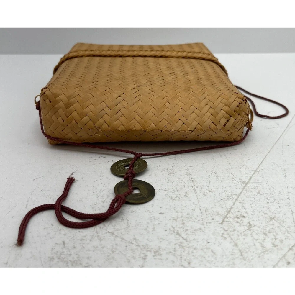 Handmade Woven Bag Backpack Vintage Basket Tan Bamboo With Lid & Chinese Coin